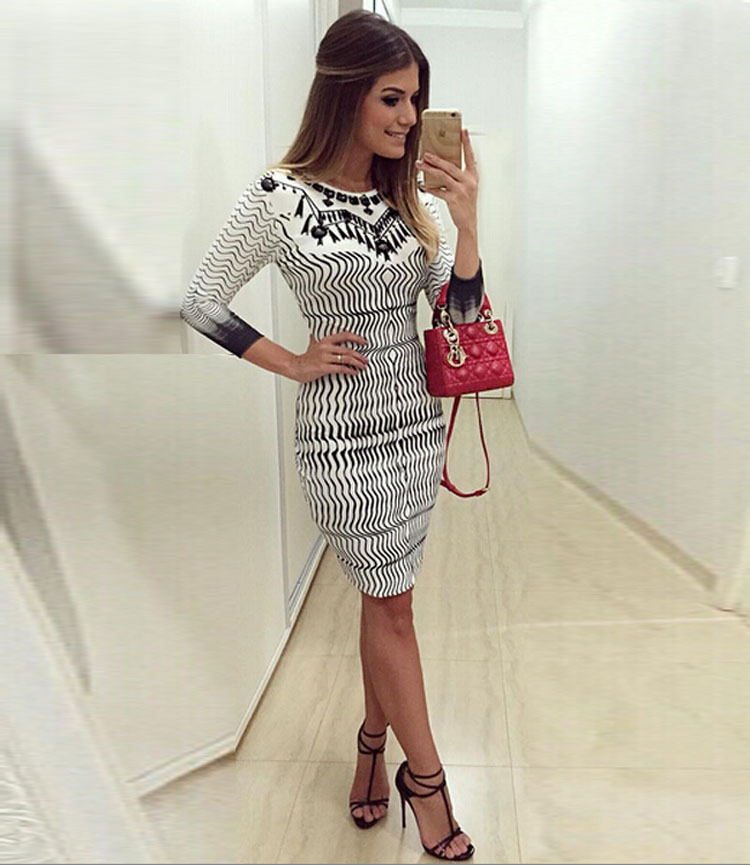 W24004 White Striped Print  Sleeve Sexy Midi Dress